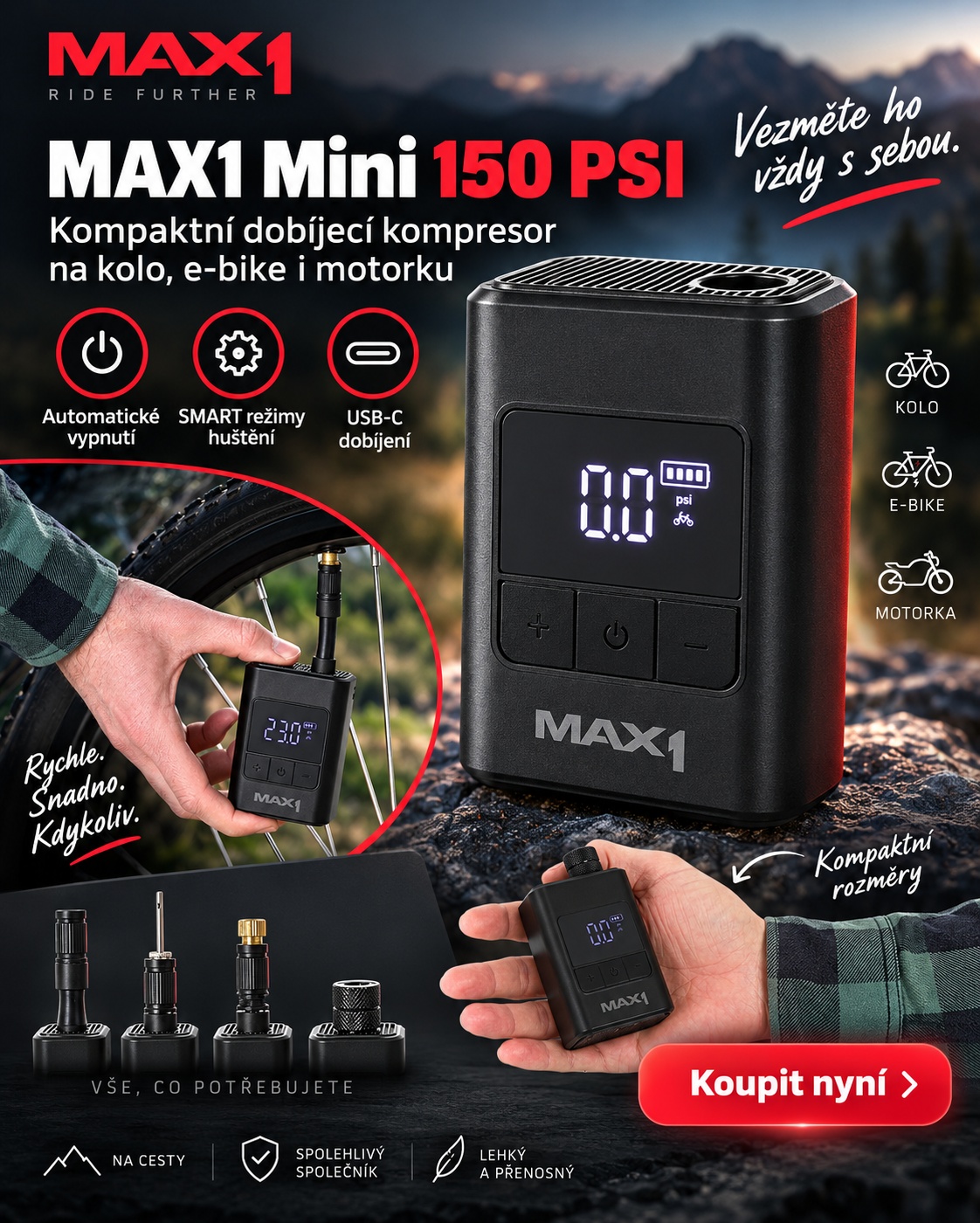 MAX1 Mini 150 PSI – tenhle kompresor chceš mít vždy u sebe !