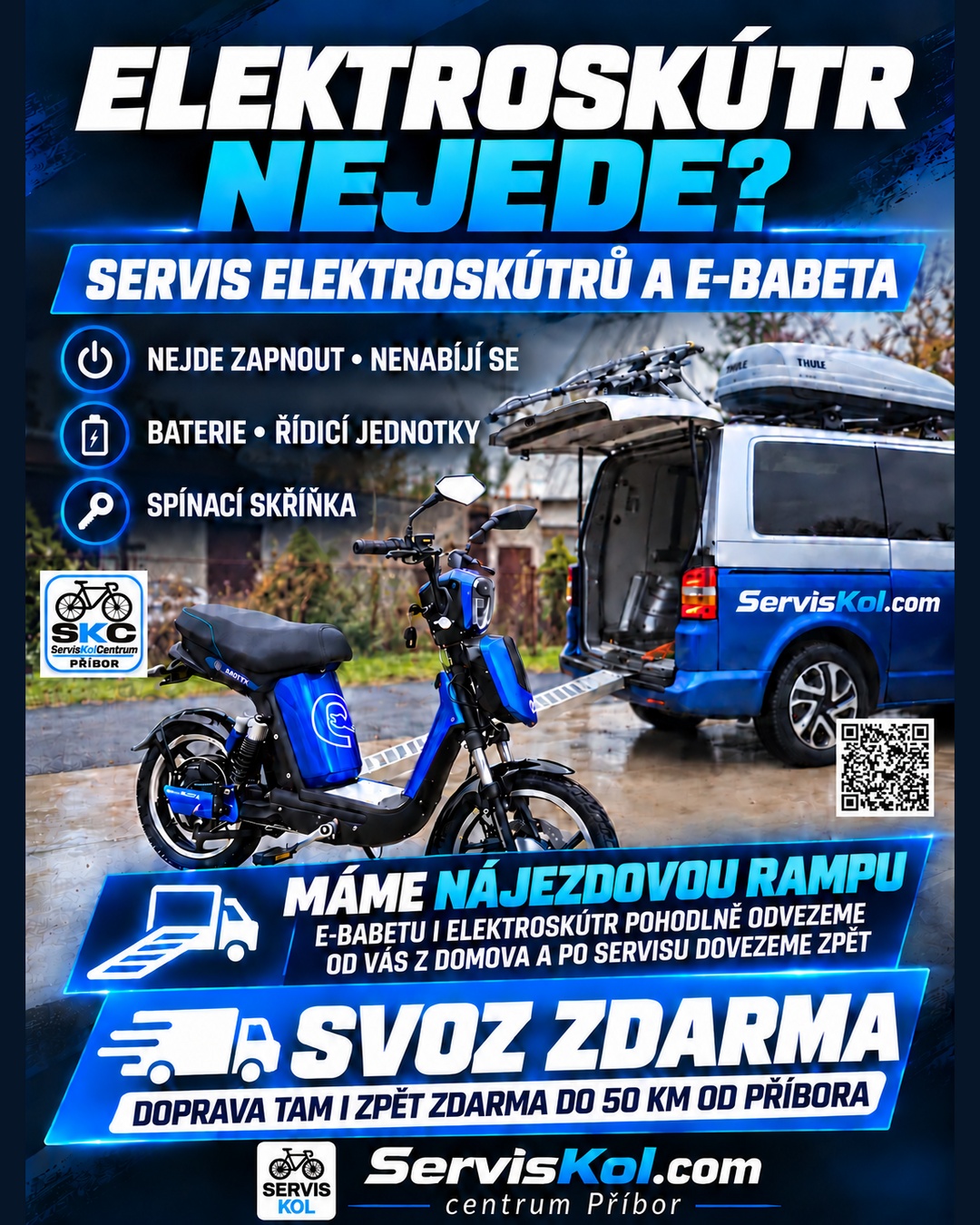 Servis elektroskútrů a e-Babett – svoz zdarma do 50 km od Příbora !